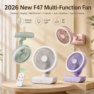 New F47 Multi Function Desktop Hanging Wall Mounted Remote Control Type C Rechargeable 5 Speed Portable Cooling Fan