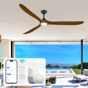 New Trend LED Ceiling Fan Modern Farmhouse Wooden 3 Blade Large Commercial Outdoor Hotel 52/60/70″ Smart Alexa Tuya Remote