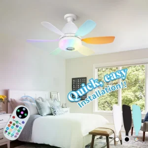 Noiseless Socket Fan Light with Remote 18.5Inch Small Ceiling Fans with Dimmable Led Light Bluetooth Speaker 3 Colors 3 RGB Mode