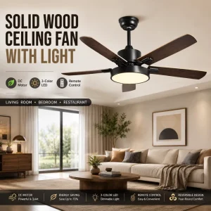 Nordic Solid Wood Ceiling Fan with Lights 42″ 52″ DC Motor Inverter Dimmable LED Fan Chandelier with Remote for Living Room
