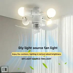Nordic Style ABS LED Ceiling Fan Chandelier Remote Control for Home Bedroom Living Room Dining Room E27 Screw Base 4 Head Bulbs