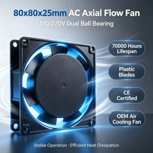 OEM 80x80x25mm 7 Blades AC Axial Cooling Fan 110V 220V Double Ball Bearing 70000H Long Life Industrial Cabinet Cooling Fan