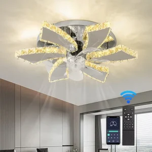 OEM Luxury Crystal Smart 3 Color Dimmable Ceiling Fan Gold Led Remote Control Led Ceiling Fans With Crystal Ceiling Light