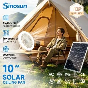 OEM/ODM Energy-saving Outdoor Camping 10Inch Low-voltage Smart Led Solar Ceiling Fan Light with Remote Control