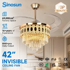 OEM ODM Hot Selling Remote Control Dimmable Low Noise Living Room Dining Room 42 Inch Luxury Crystal Led Invisible Ceiling Fan