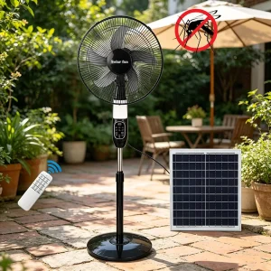 OEM ODM Manufacturer Multi function Solar Standing Fan Built in LED Lamp UV Bug 12 Wind Speed Remote Contro Charging Home Fan