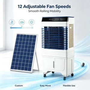 OEM Powerful Airflow Standing Fan 50L Reservoir Efficient Humidifying Cooling Sustainable Solar Air Cooler