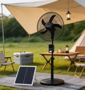 ORANGGIE Rechargeable Solar Fan with Solar Panel Two Bulbs Lifepo4 Battery Removable 25W Solar Power Bank 18inches