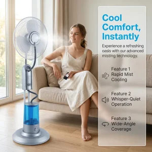 Oscillation 3 Speed CE RoHS Standing Household Mist Fan Adjustable Speed Home Cooling Mist Fan for Indoor Use