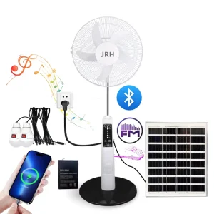 Outdoor AC DC 12V Rechargeable USB Solar Plastic Floor Standing 16Inch Music Fan with FM Radio TF Card LED Light Panel