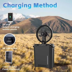Outdoor Camping Fan with Solar Panel Mist Cooling LED Light USB Portable Plastic Box Remote Control