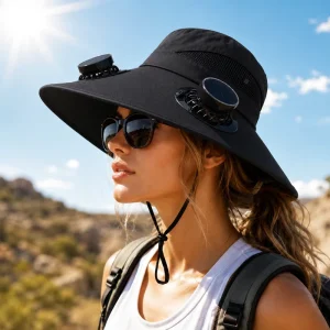 Outdoor Men Women Wide Brim Solar Fan Sun Hat Hiking Fishing Bucket Hat USB Charging Solar Powered 2 Fans Cooler Hat