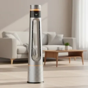 Pedestal Bladeless Fan with Voice Control Remote Control Ambient Lighting Air Cooling Floor Standing Design