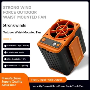 Portable 10000mAh USB Rechargeable Low Noise High Capacity Waist Fan Clip Outdoor Waist Mounted 12 Hour Extended Battery Fan