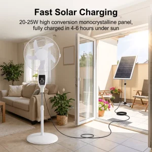 Portable 16 Inch Solar Powered Standing Fan for Camping RV All-in-One Rechargeable Pedestal Fan with Integrated Lighting