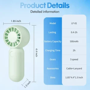 Portable 3 Speed Mini Handheld Fan with Lanyard Rechargeable Battery Personal Cooling Fan for Office Home Travel & Car Use