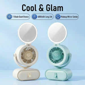 Portable Air Conditioner Fan With LED Light and Makeup Mirror Rechargeable Personal Cooling Fan for Desk Office Travel
