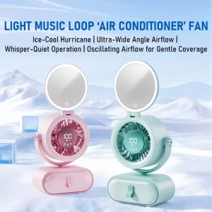 Portable Air Conditioner Fan with Makeup Mirror New Rechargeable Personal Cooling Fan for Desk Office Travel with LED Light