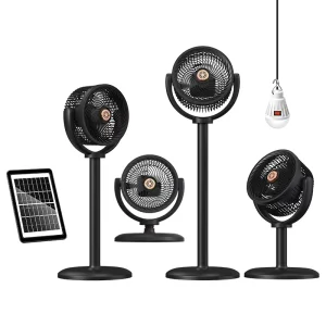 Portable Camping Circulating Fan with Detachable Solar Panel LED Light Phone Charging Adjustable Height Floor Stand