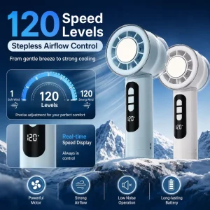 Portable Cooling Fan 120 Speed Digital Display Type C Rechargeable Ice Cooling Mini Travel Outdoor Handheld Fan