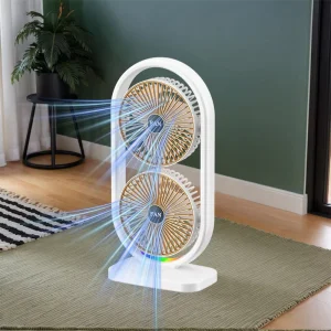 Portable Dual Head Mini USB Fan with Colorful LED Lights Separate Up Down Control Rechargeable Battery Powered Personal Fan