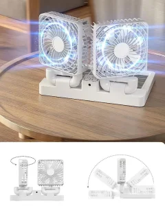 Portable Dual Head Solar Powered Foldable Ca R& Desk Fan Rechargable Fan with Solar Panel Adjustable and Independent Operation