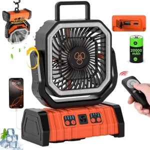 Portable Dual Solar Panel Camping Fan, Rechargeable 20000mAh Battery, Oscillating, Plastic, with LED Lantern
