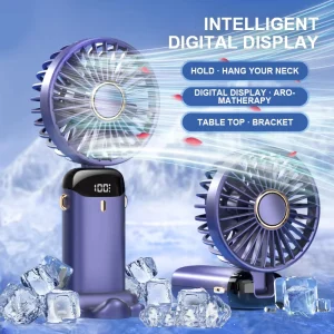 Portable Electric Fan With Smart Led Digital Display Usb Rechargeable Mini Handheld Fans 5 Speed Adjustable Personal Fan