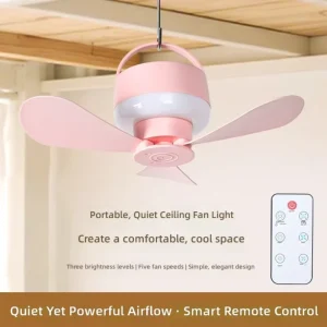 Portable Hook Ceiling Fan LED Light 5-Speed 3 CCT Remote Control Rechargeable Dimmable Small 25cm Dorm Bedroom Camping Tent RV