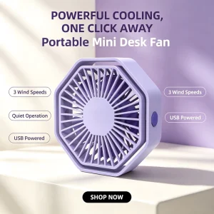Portable Mini Desktop Fan USB Rechargeable 5V High Power Silent 3 Speed 5 Blade Brushless Motor Car Compatible