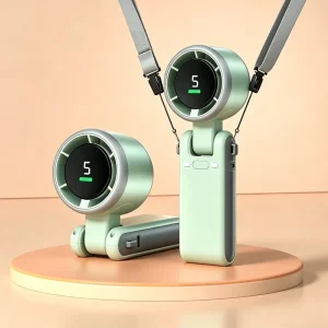 Portable Mini Handheld Neck Mounted Wearable Plastic Fan Digital Display 5 Speed Wind Adjustment Rechargeable for Outdoor Use