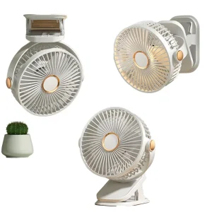 Portable Solar Battery USB Rechargeable Plastic Clip Fan 5 Speed 3 Modes LED Light Wireless Low Noise Camping Outdoor RV Desktop
