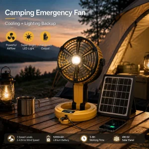 Portable Solar Camping Fan LED Light 3 Speed Brushless Motor 5200mAh Battery Rechargeable Emergency Fan for Tent
