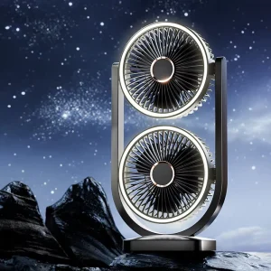 Portable Solar Rechargeable Dual Head Desk Fan with Light 5-Speed Mechanical Control for Home Outdoor Use