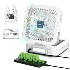 Portable Solar Rechargeable Fan 4000mAh Battery with USB Fast Charge 90° Oscillating Cooling Fan Built in LED Lamp