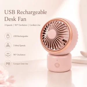 Portable USB Desk Fan 2000mAh Rechargeable Table Fan 3 Speed 90° Oscillating Type C Cordless Fan