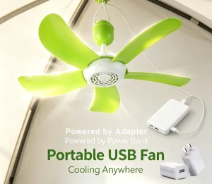 Portable USB Mini Ceiling Fan 5 Blades Low Noise Hanging Tent Fan Powered by Power Bank Adapter for Camping Bed Car