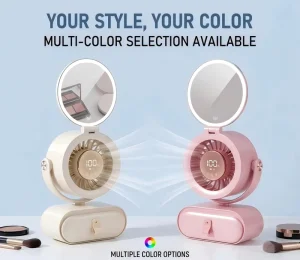 Portable USB Rechargeable Mini Desk Fan Foldable With LED Vanity Mirror Light Quiet Turbo Fan for Travel Dorm Bedroom