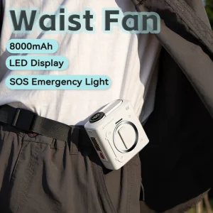 Portable Wearable Belt Fan 8000mAh High Capacity Battery LED Display Adjustable Speed SOS Flash Light Hands Free Household