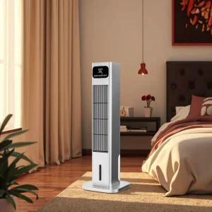 Powerful Pedestal Tower Fan PTC Electric Heater Adjustable Thermostat Fast Heating Voice Control Free Standing for Household Use