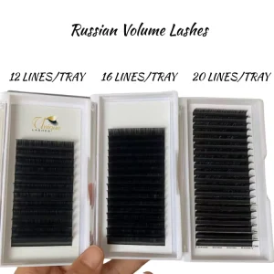 Private Label CC Curl Matte Black Cashmere Soft Eyelash Extensions Russian Volume Individual Lashes Tray in 0.03mm 0.05mm 0.07mm