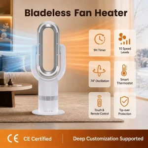 Q8PRO Smart Bladeless Fan Heater with Cooling and Heating Digital Control for Hotel and Home Use