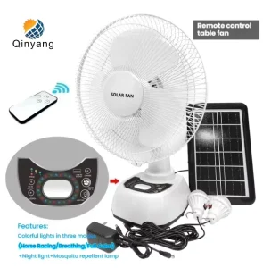 Qinyang 12 Inch RGB LED Electric Solar Powered Fan 3 Modes with Mosquito Repellent Light and Night Light Solar Fan for Home