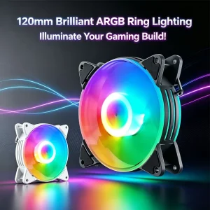 QiuzAim 120mm ARGB PWM Case Fan Forward Standard Blade 5V 3Pin Sync RGB Ring Light Silent Cooling Fan for Gaming PC Chassis