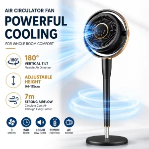 Quiet Stand Air Circulator Fan with Remote Control Adjustable Height AC Motor Home Cooling Fan CE RoHS Certified