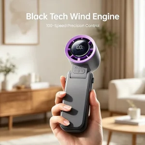 Quiet Turbo Pocket Fan 100 Speed 135° Foldable Neck & Handheld USB C Rechargeable LED Display 18650 Battery Lanyard