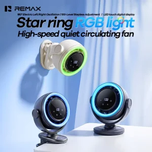REMAX RS ZF25 26 Star Ring Ambient Light Clip Desktop Fan 180° Oscillation 100 Speed 7 Blade Turbo 3600mAh Quiet Portable Fans