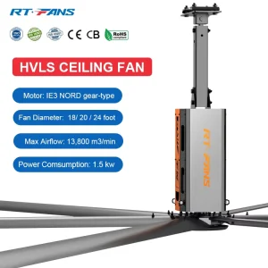 RTFANS OEM Electric 24 Foot HVLS Industrial Ceiling Fan with Aluminum Alloy Blades 1.5KW Motor 1800 SQM Coverage VFD Control