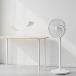 RUNAL 12 Inch Plastic White Electric 24 Volt Air Cooling Standing DC Fan Remote Battery Rechargeable Adjustable Height for Room