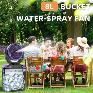 Rechargeable 10 Inch Oscillating Mist Fan, 10Ah Lithium Battery, 9L Water Tank, AC/DC, Solar Cooling Fan with Power Bank